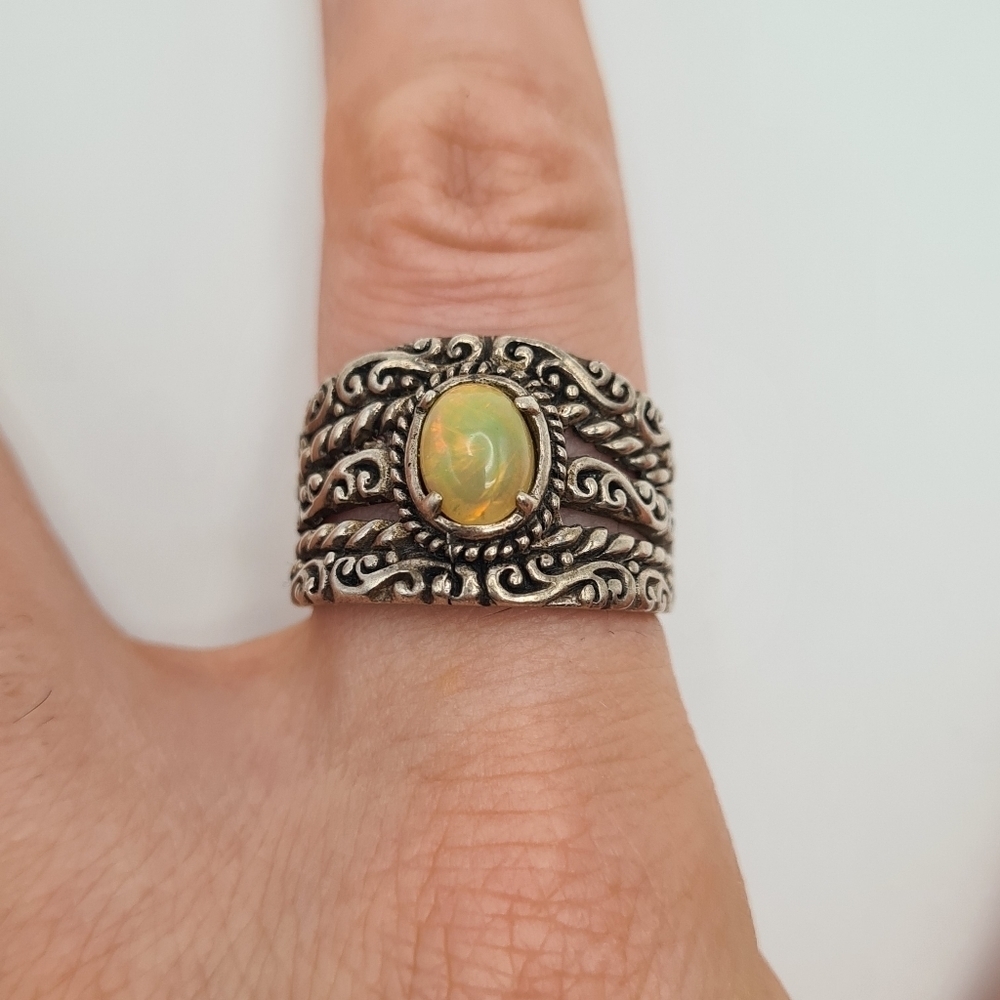 Opal Sterling Silver Wide Band Ring US Size 9